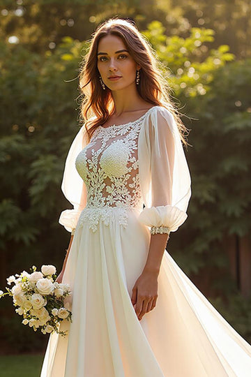 Bateau Chiffon A Line Ivory Wedding Dress with Lace Appliques